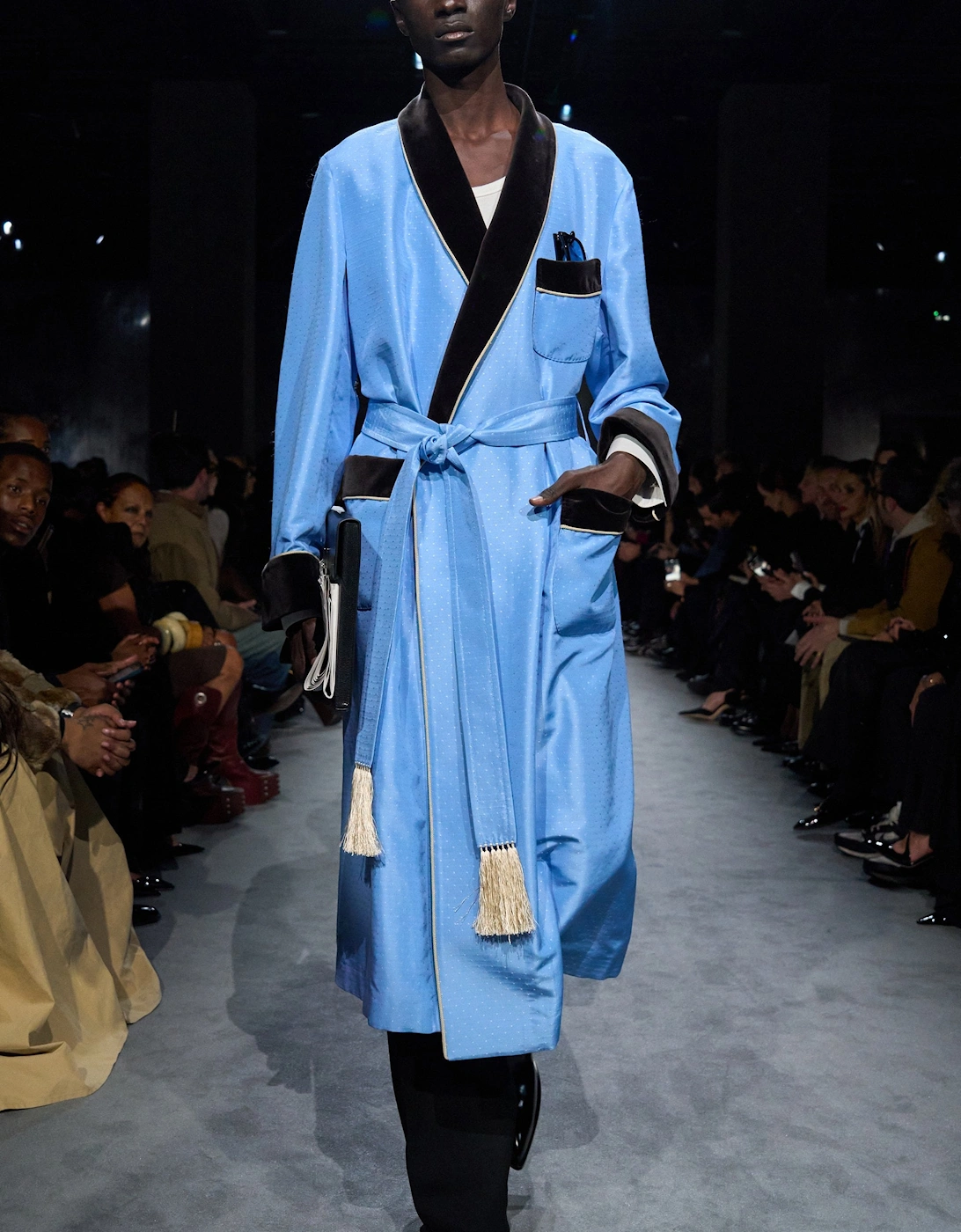 Silk Jacquard Shawl Collar Robe Blue