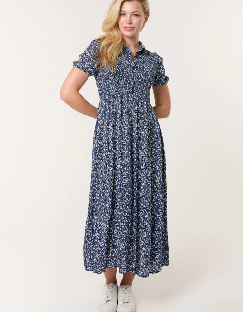 Blue Puff Sleeve Shirred Midi Shirt Dress
