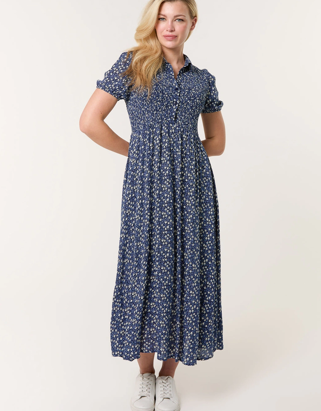 Blue Puff Sleeve Shirred Midi Shirt Dress, 2 of 1