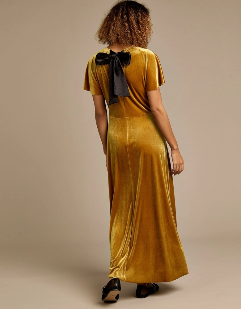Hallie Gold Velvet Maxi Dress with Black Bow Detail