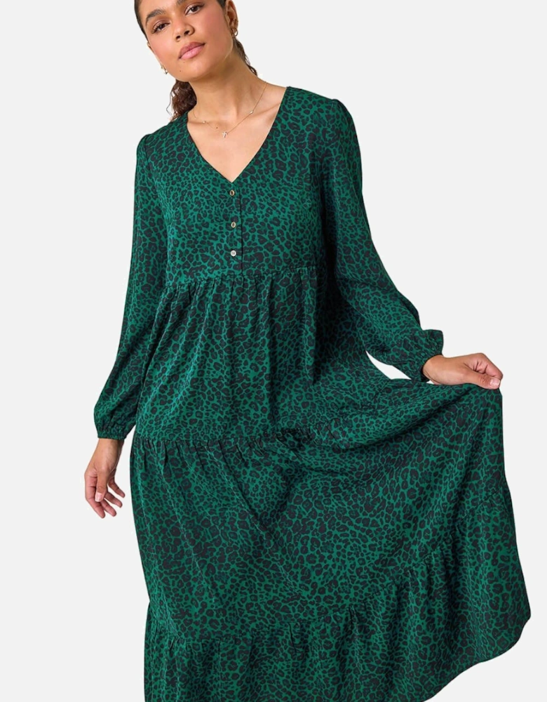 Animal Print Button Detail Smock Midi Dress