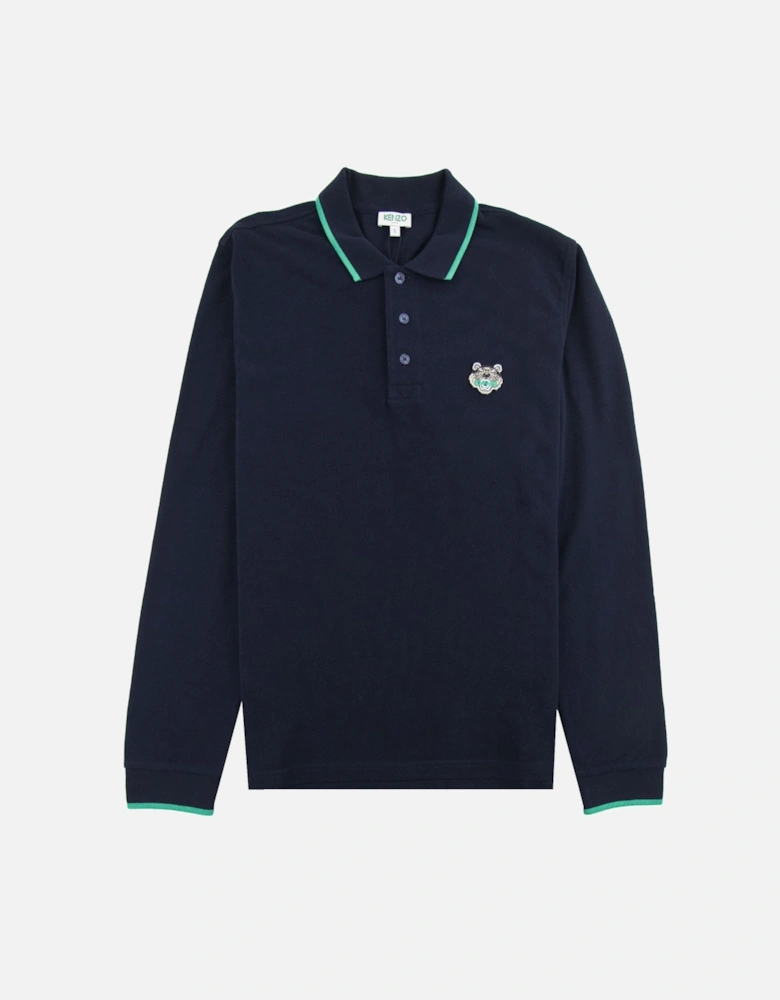 Tiger Logo Long Sleeve Polo Navy Blue