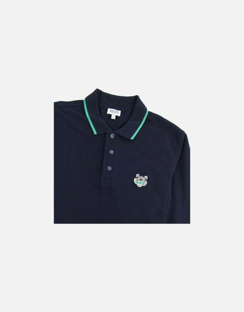 Tiger Logo Long Sleeve Polo Navy Blue