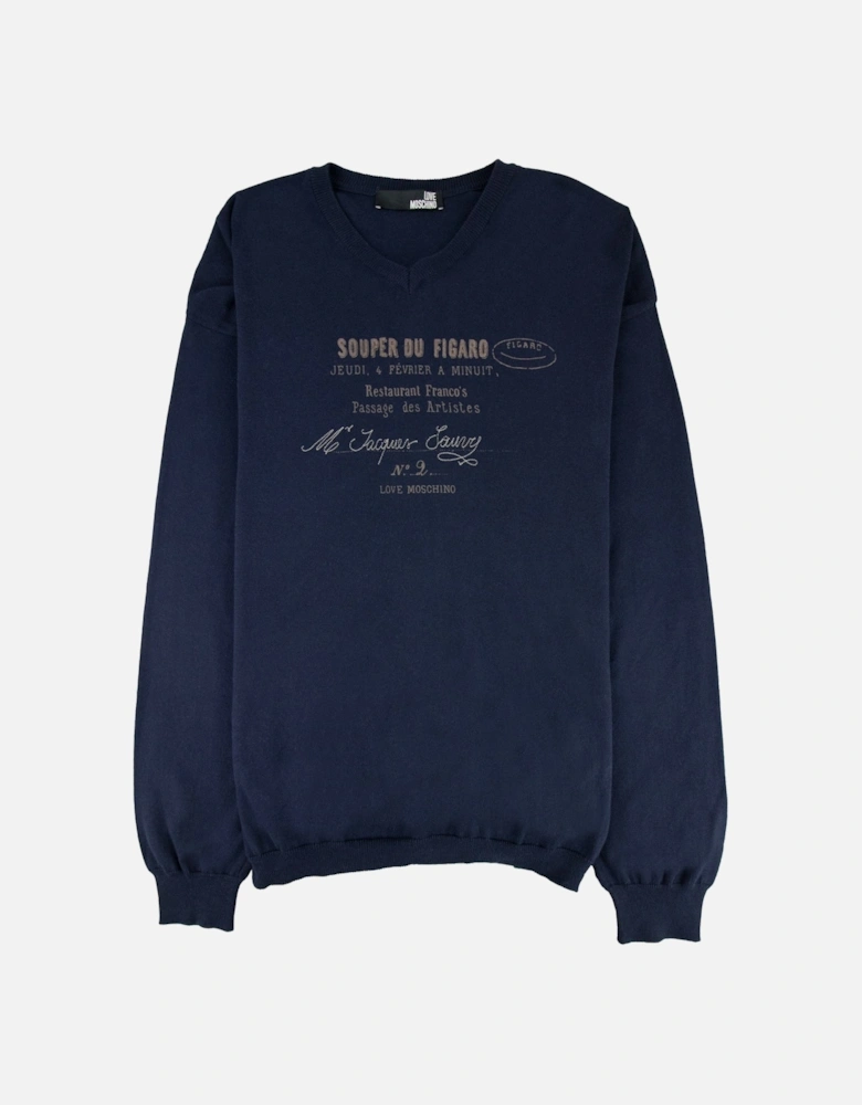 V Neck Knitted Sweatshirt Navy