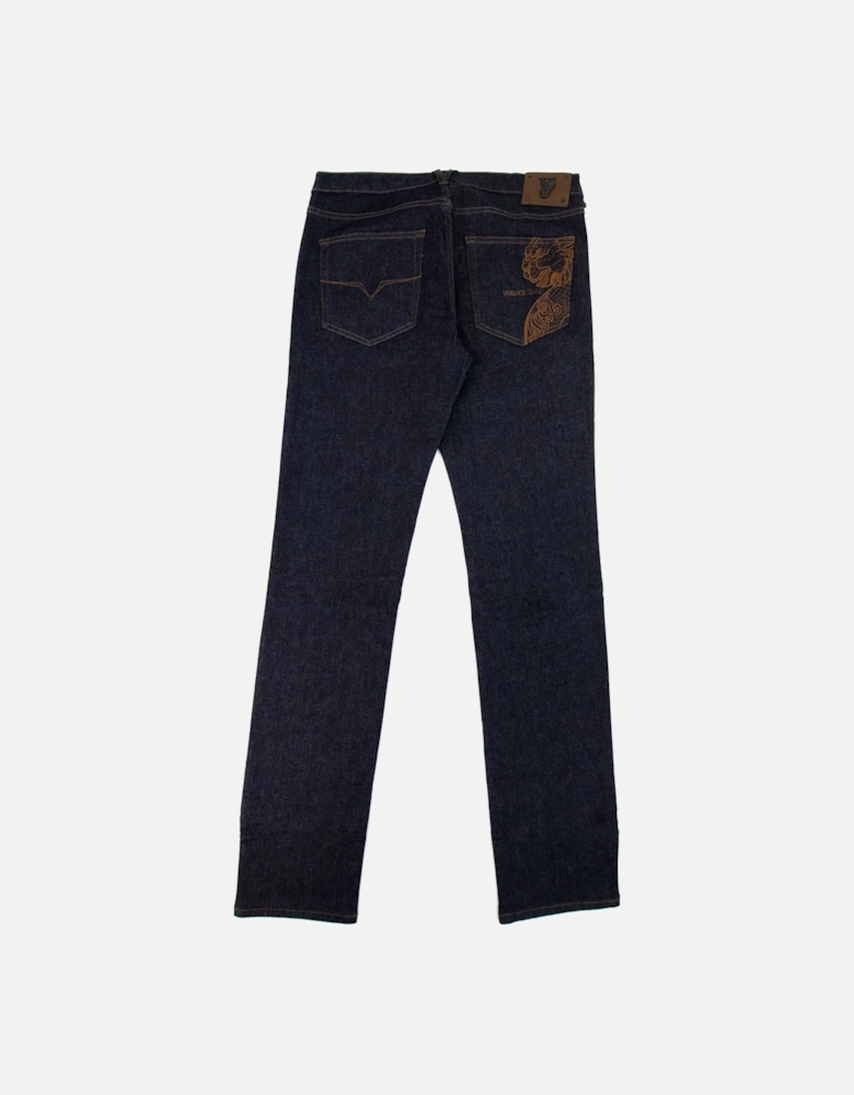 Jeans Lion Embroidered Slim Fit Jeans Dark Denim