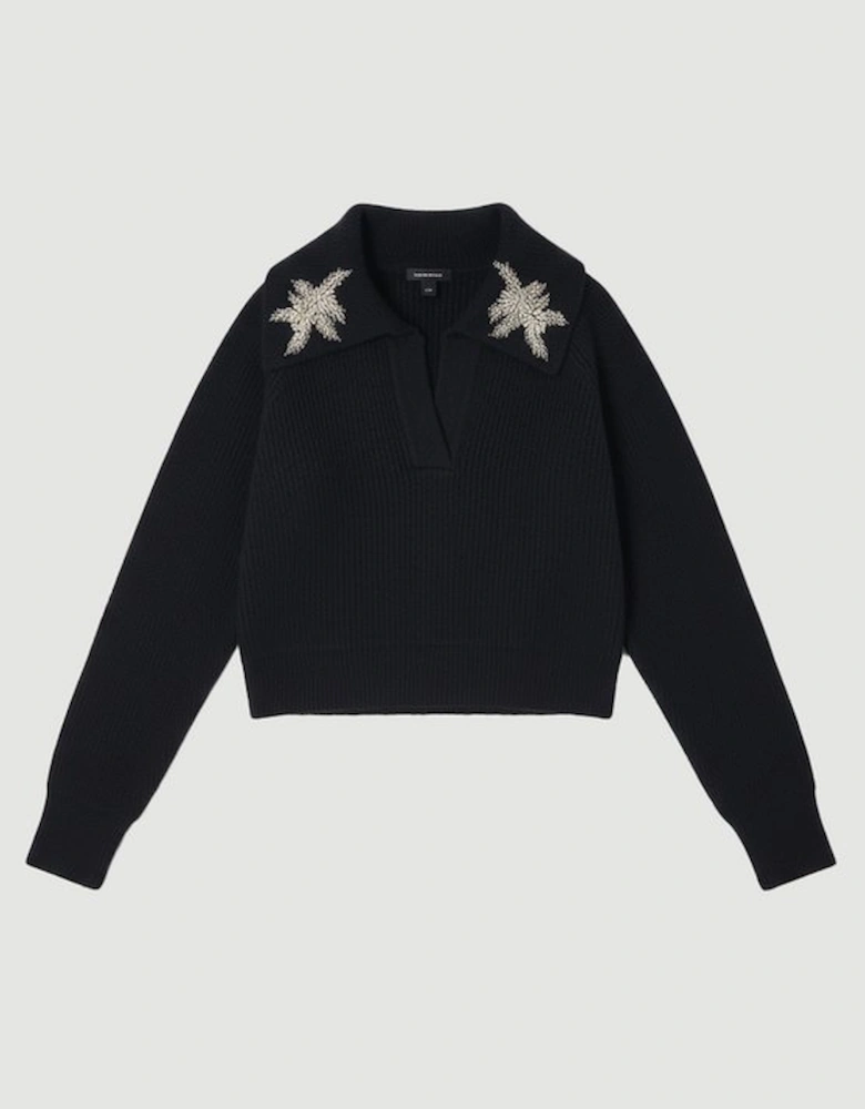 Embellished Cosy V Neck Collar Knit Jumper