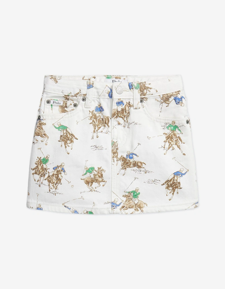 Girls Polo Player Denim Skirt in White