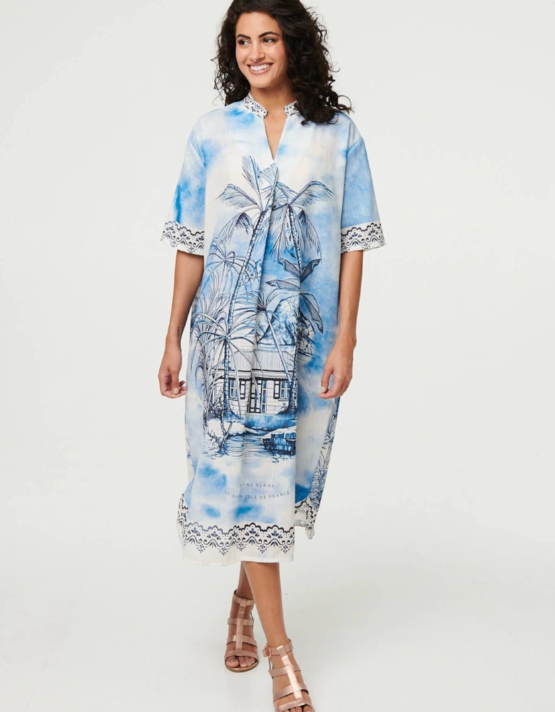 Abstract 1/2 Sleeve Midi Shift Dress
