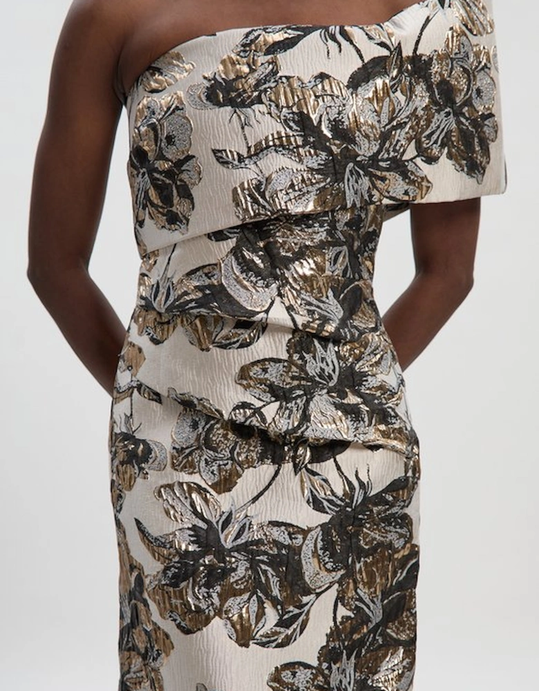 Floral Jacquard Asymmetric Neck Pencil Dress