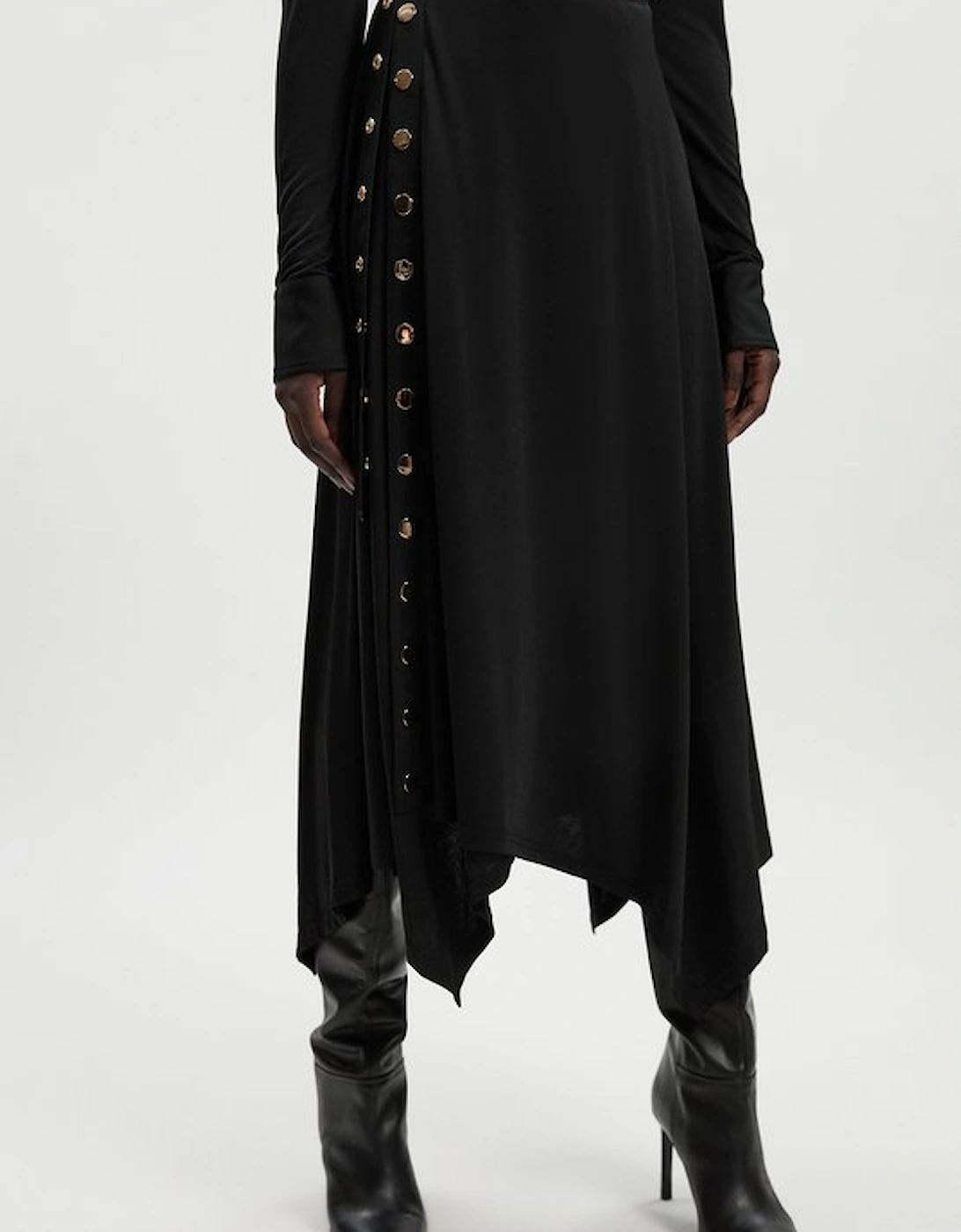 Drapey Crepe Hanky Hem Eyelet Detail Maxi Skirt