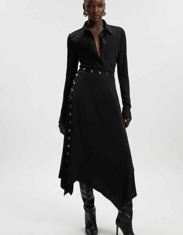 Drapey Crepe Hanky Hem Eyelet Detail Maxi Skirt