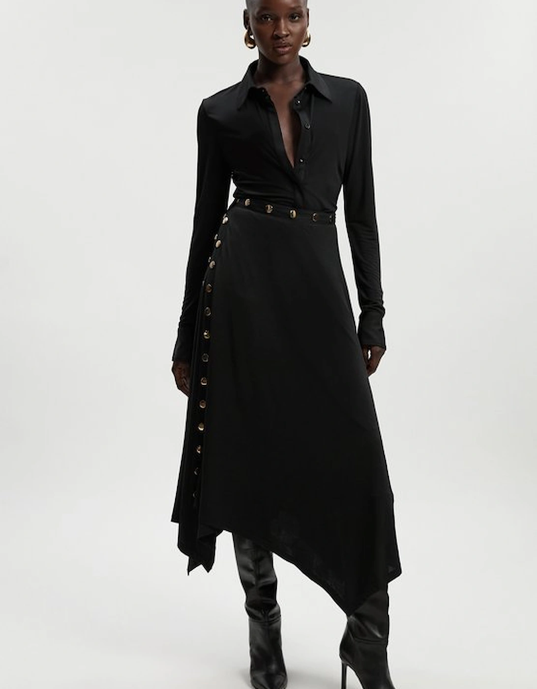 Drapey Crepe Hanky Hem Eyelet Detail Maxi Skirt