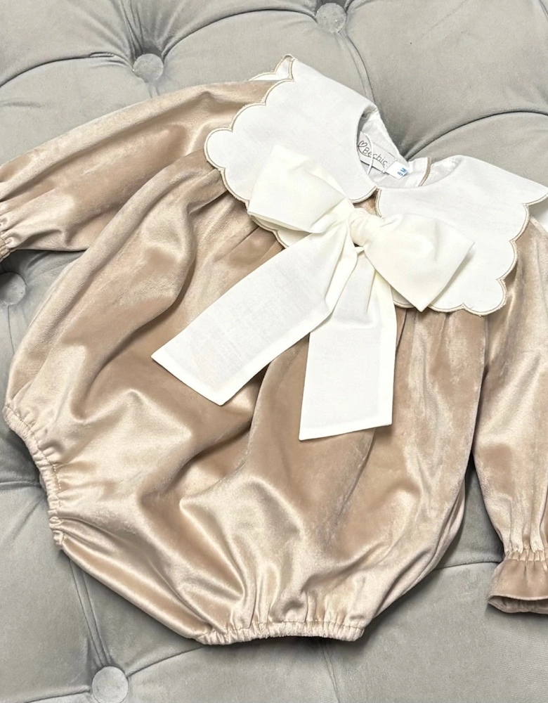 Girls Champagne Velvet Bow Romper