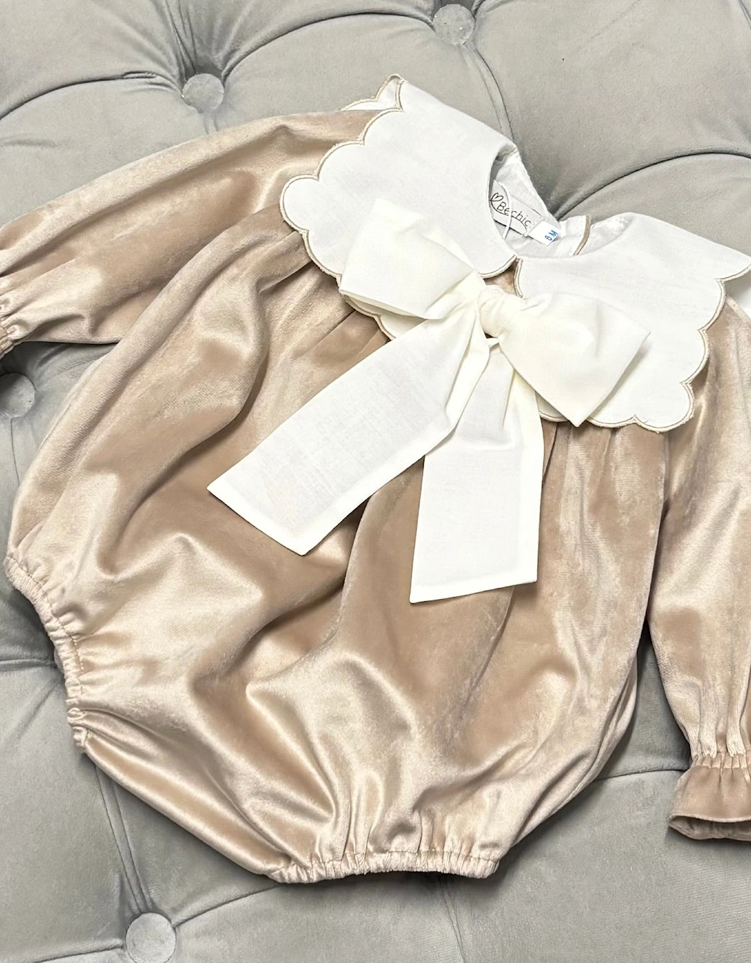 Girls Champagne Velvet Bow Romper, 2 of 1