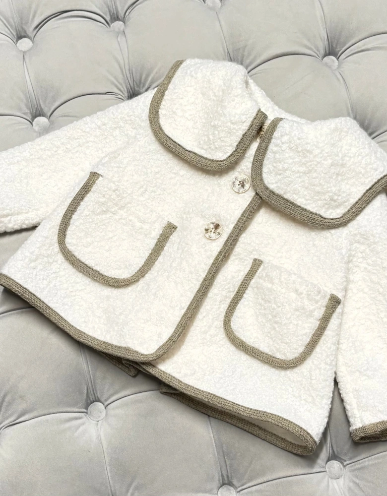 Girls Cream Boucle Brown Trim Jacket