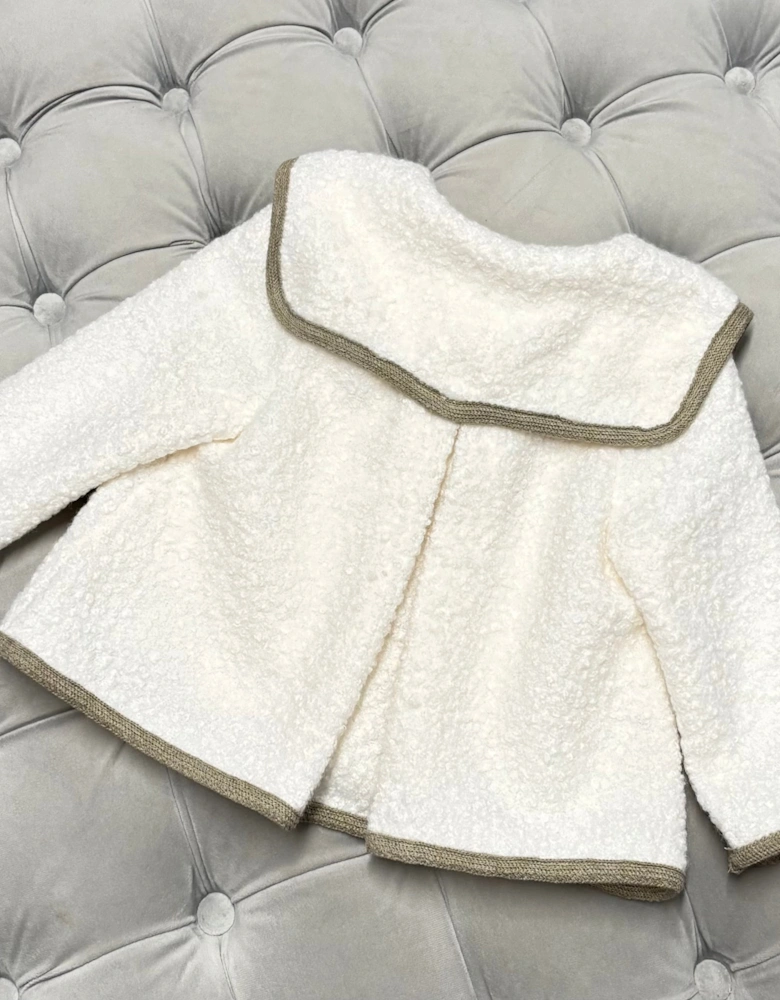 Girls Cream Boucle Brown Trim Jacket
