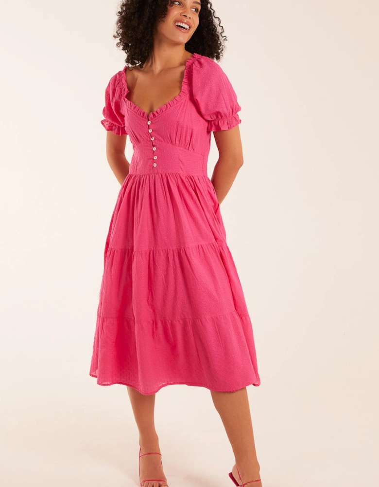 Puff Sleeve Button Through Midi Dress