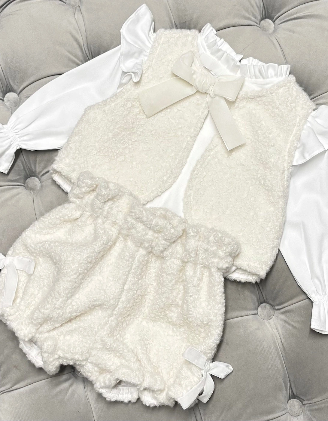 Girls Cream Boucle 3 Piece Short Set, 2 of 1
