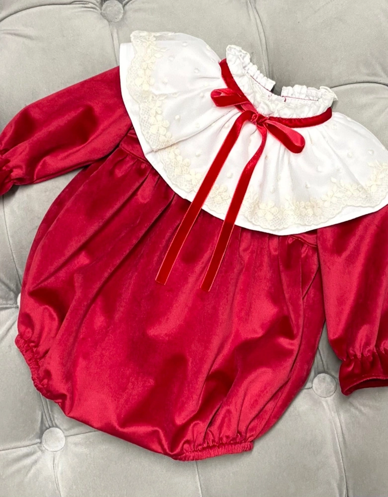 Girls Red Velvet Lace Collared Romper