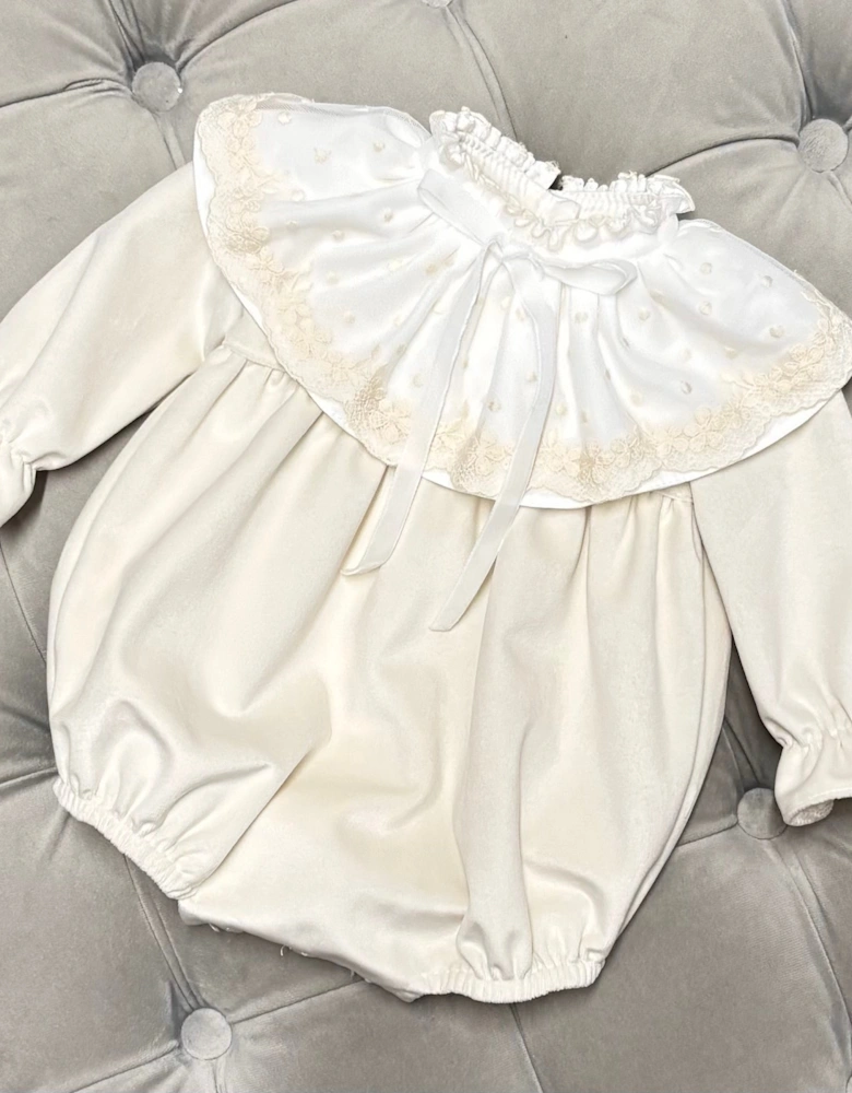 Girls Cream Velvet Lace Collared Romper