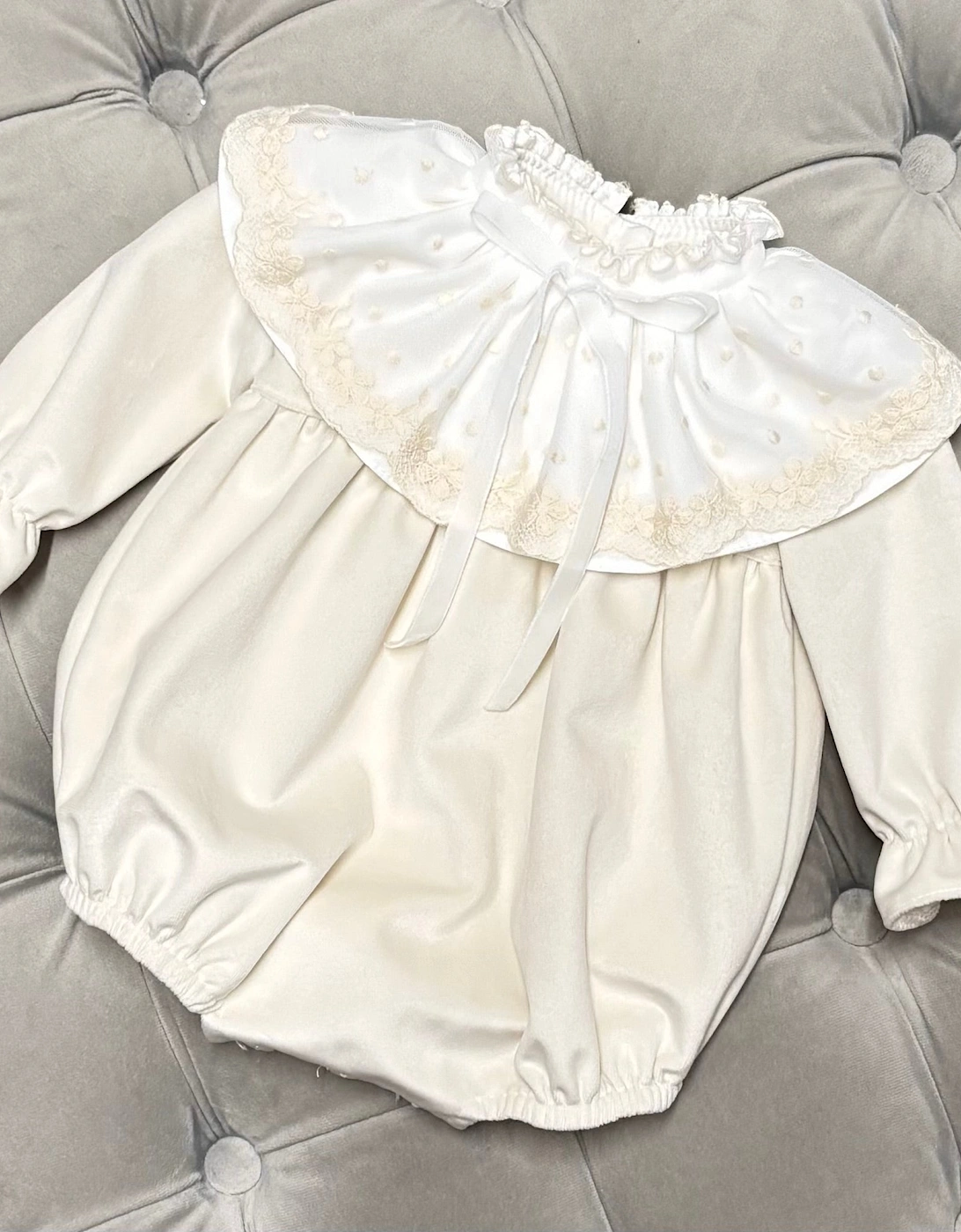 Girls Cream Velvet Lace Collared Romper, 2 of 1