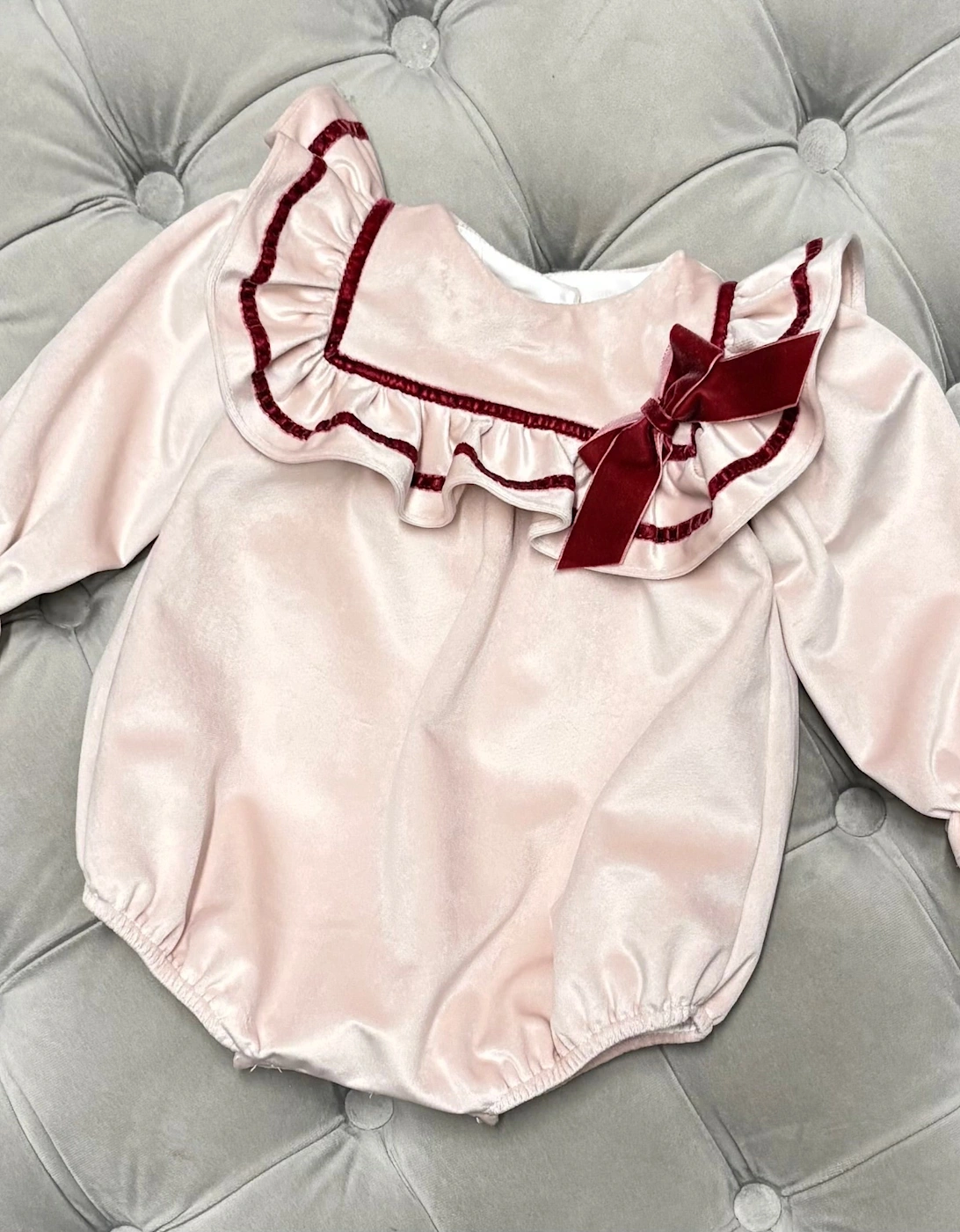 Girls Pink Velvet Frill Romper, 2 of 1