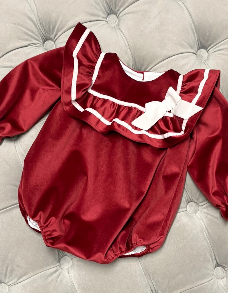 Girls Dark Red Velvet Frill Romper