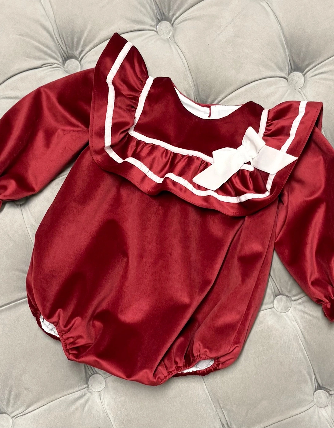 Girls Dark Red Velvet Frill Romper, 2 of 1
