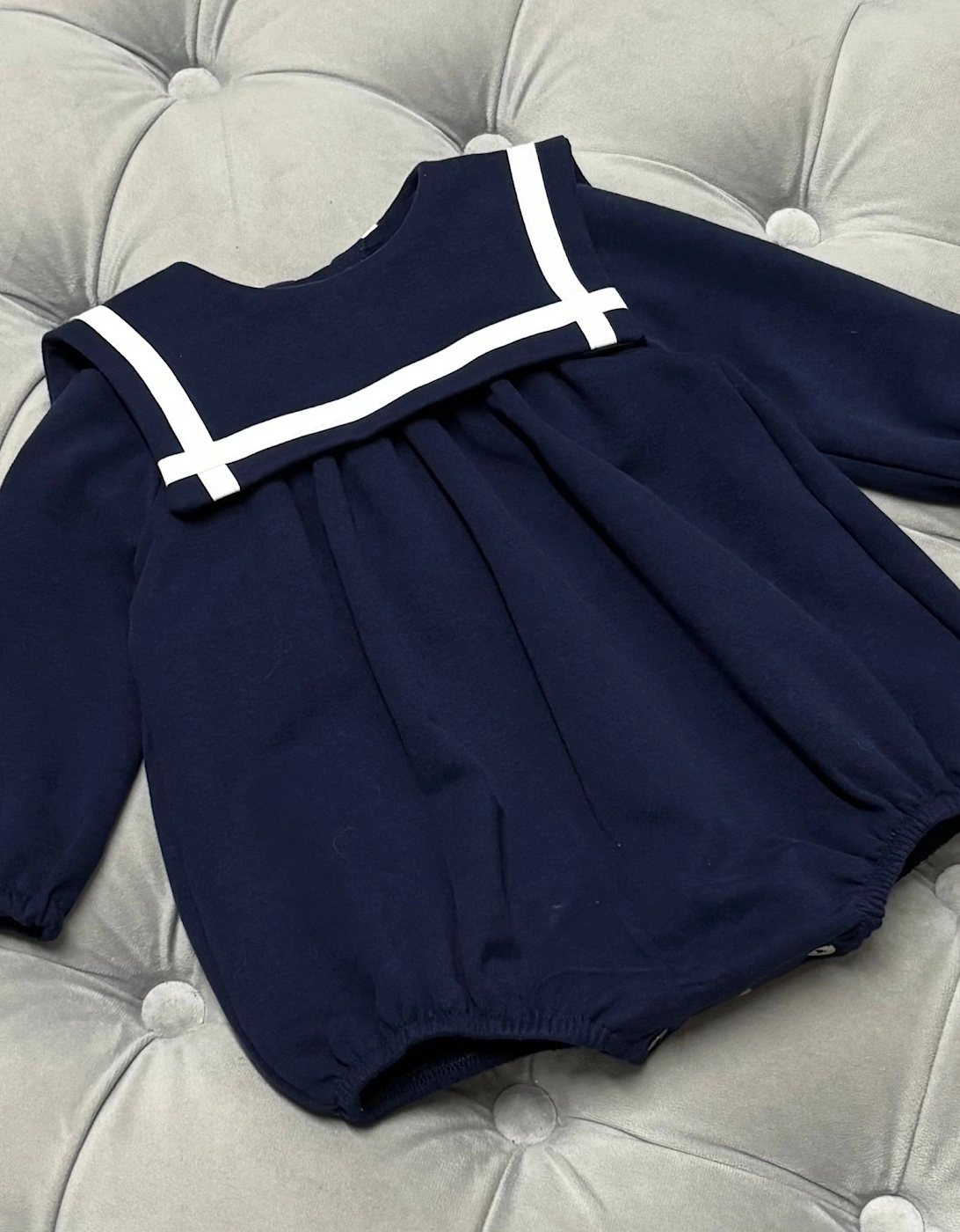 Boys Navy Jersey Sailor Collared Romper, 2 of 1