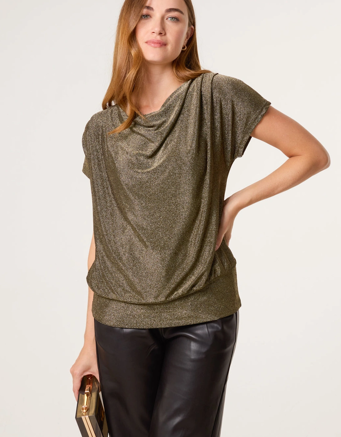 Bronze Lurex Cowl Neck Draped Top, 2 of 1