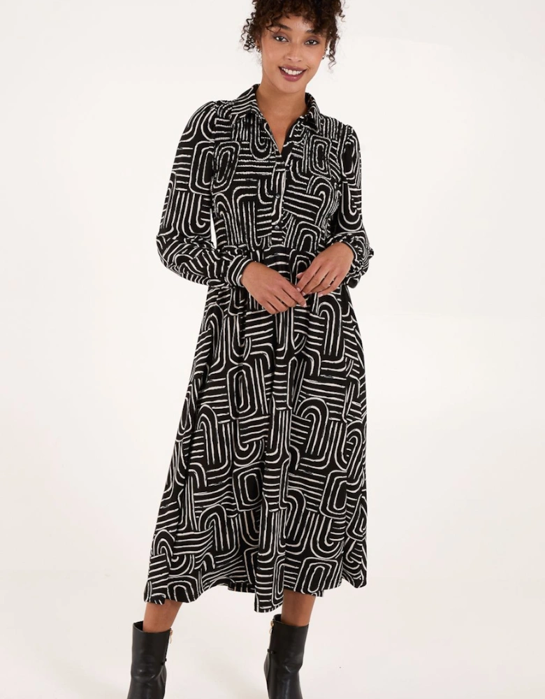 Shirred Bust Long Sleeve Midi Dress