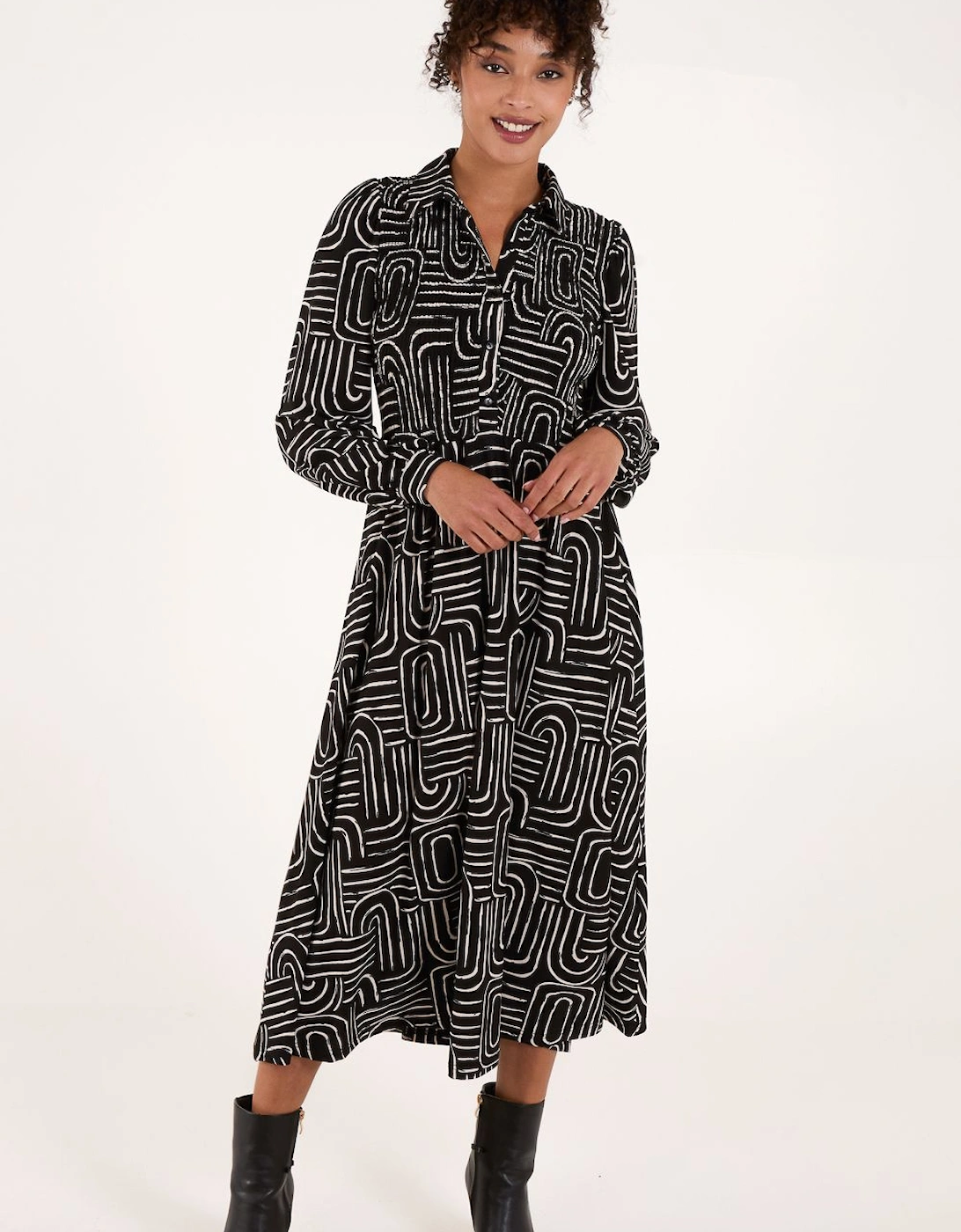 Shirred Bust Long Sleeve Midi Dress, 2 of 1