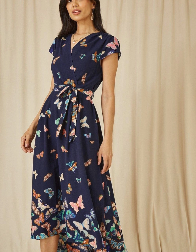 Navy Butterfly Print Dip Hem Midi Wrap Dress
