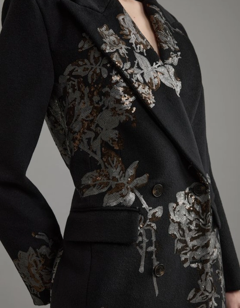 Wool Blend Sequin Embellished Placed Double Breasted Tailored Midiaxi Coat