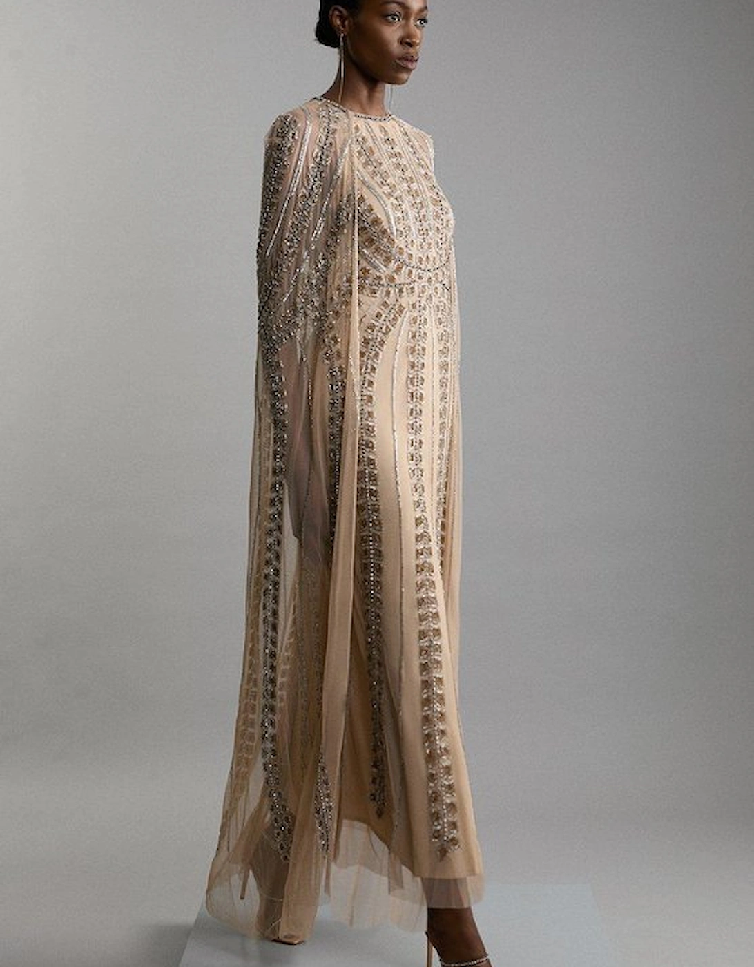 Premium Embellished Cape Maxi Dress