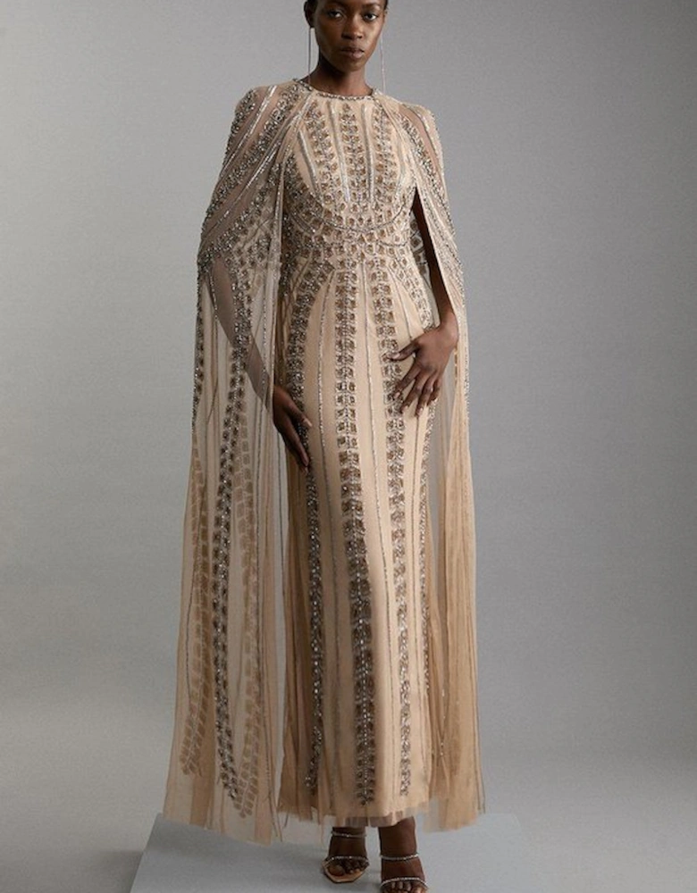 Premium Embellished Cape Maxi Dress