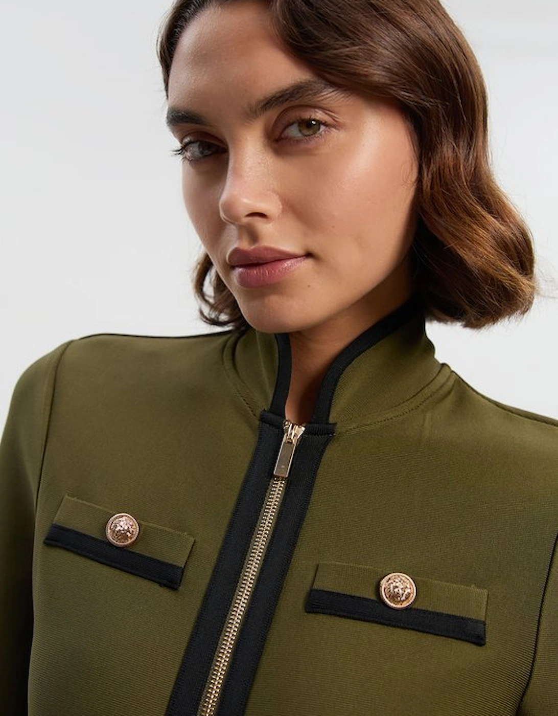 Figure Form Bandage Knit Piping Detail Military Midi Dress