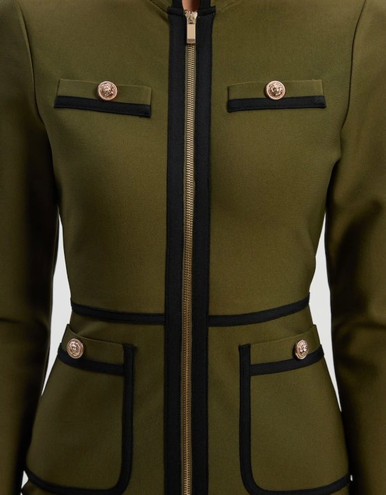 Figure Form Bandage Knit Piping Detail Military Midi Dress