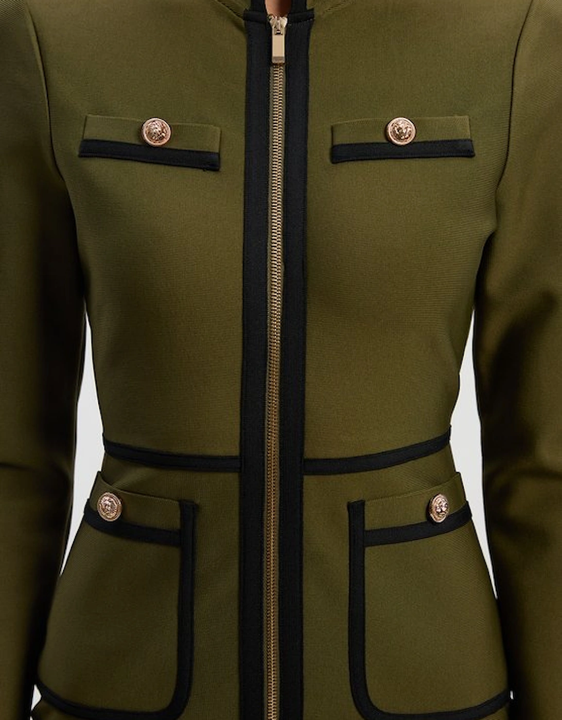 Figure Form Bandage Knit Piping Detail Military Midi Dress