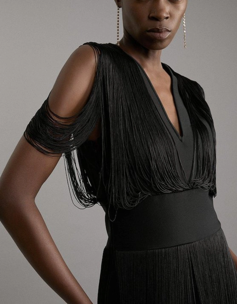 Figure Form Bandage Knit Fringe Detail Dress