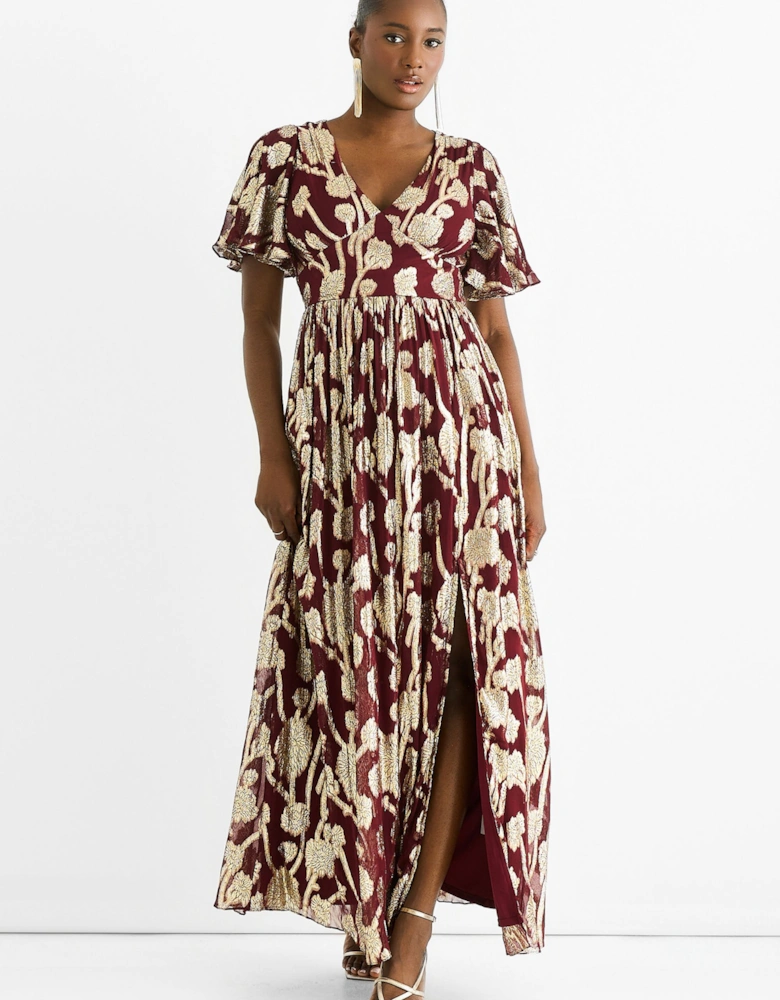 Burgundy Metallic Jacquard Flutter Sleeves Floral Maxi Dress