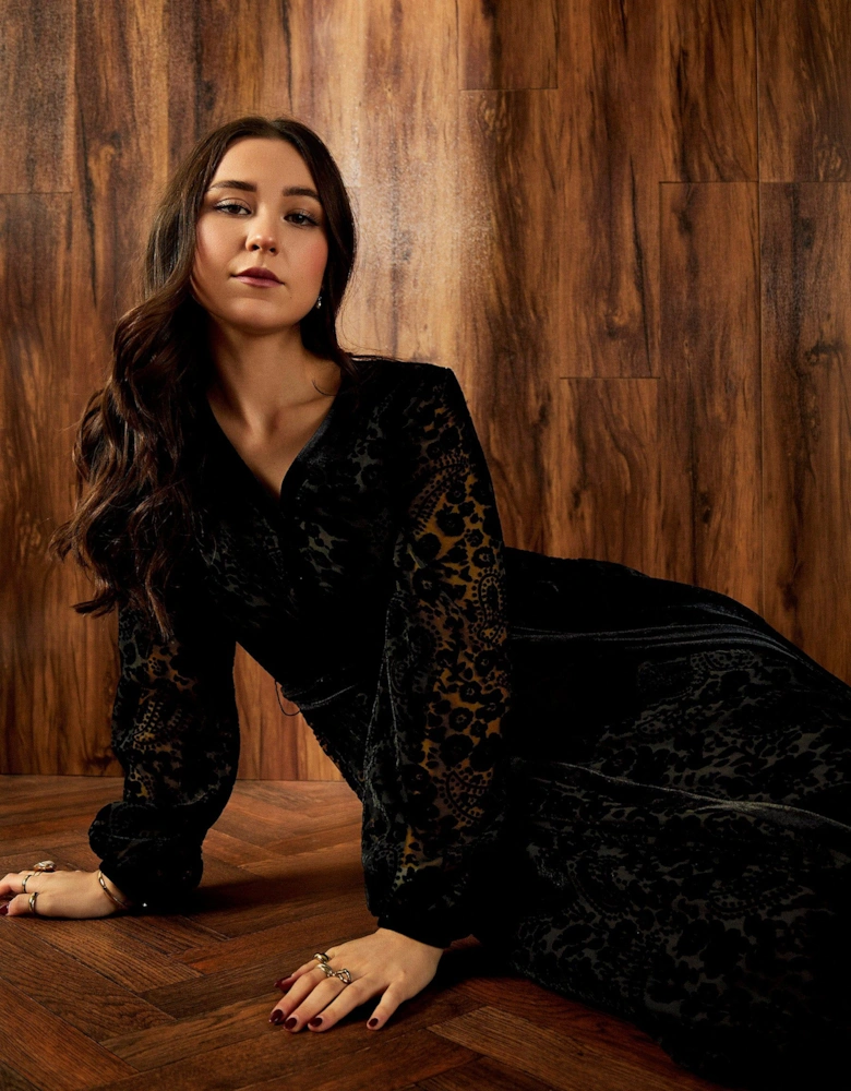 Laurel Floral Devore Print Black Midi Dress