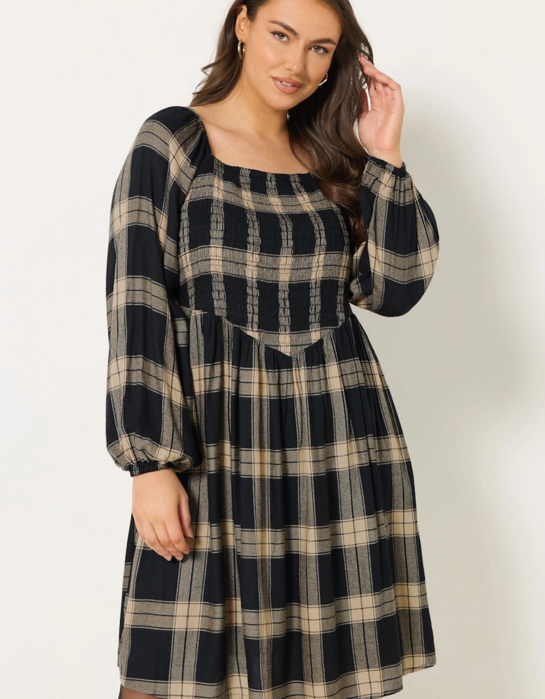 Check Shirred Mini Dress