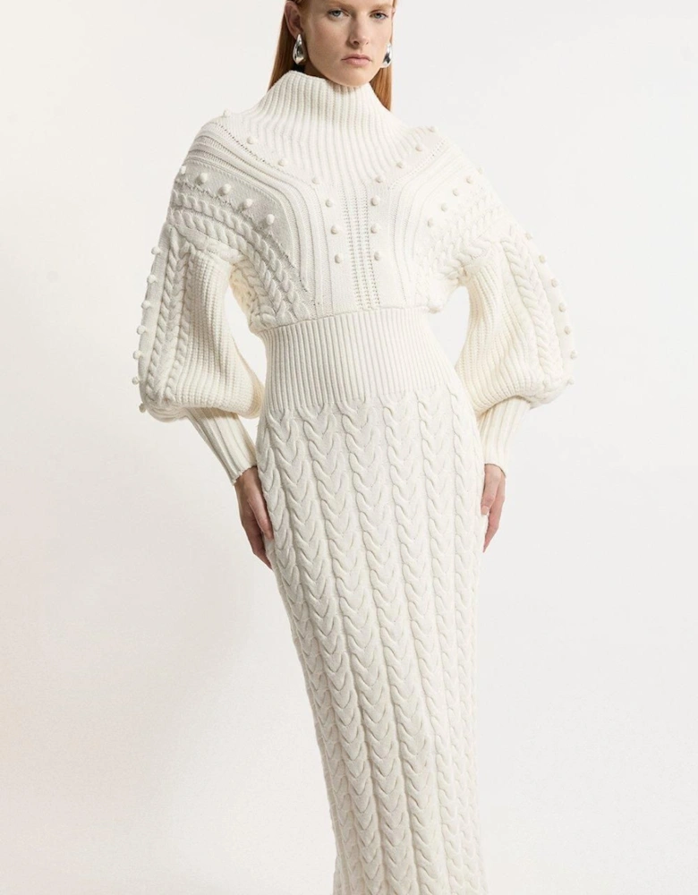 Bobble Detail Balloon Sleeve Cable Knit Viscose Blend Midi Dress