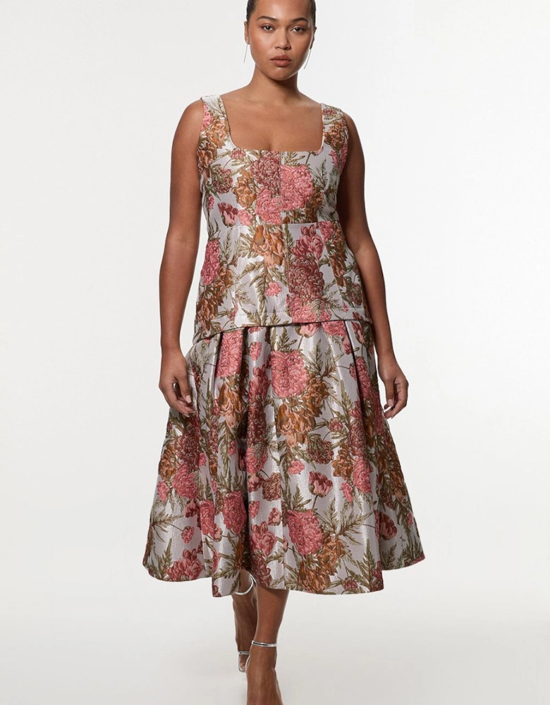 Plus Size Floral Jacquard Strappy Full Skirted Tailored Maxi Dress