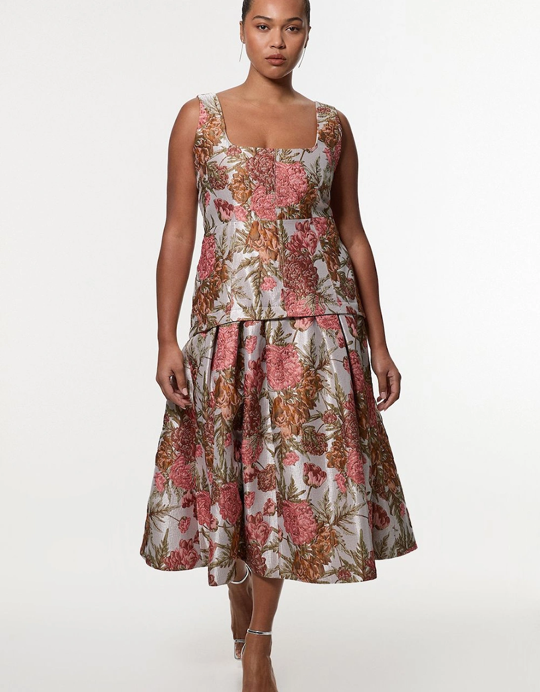 Plus Size Floral Jacquard Strappy Full Skirted Tailored Maxi Dress, 2 of 1