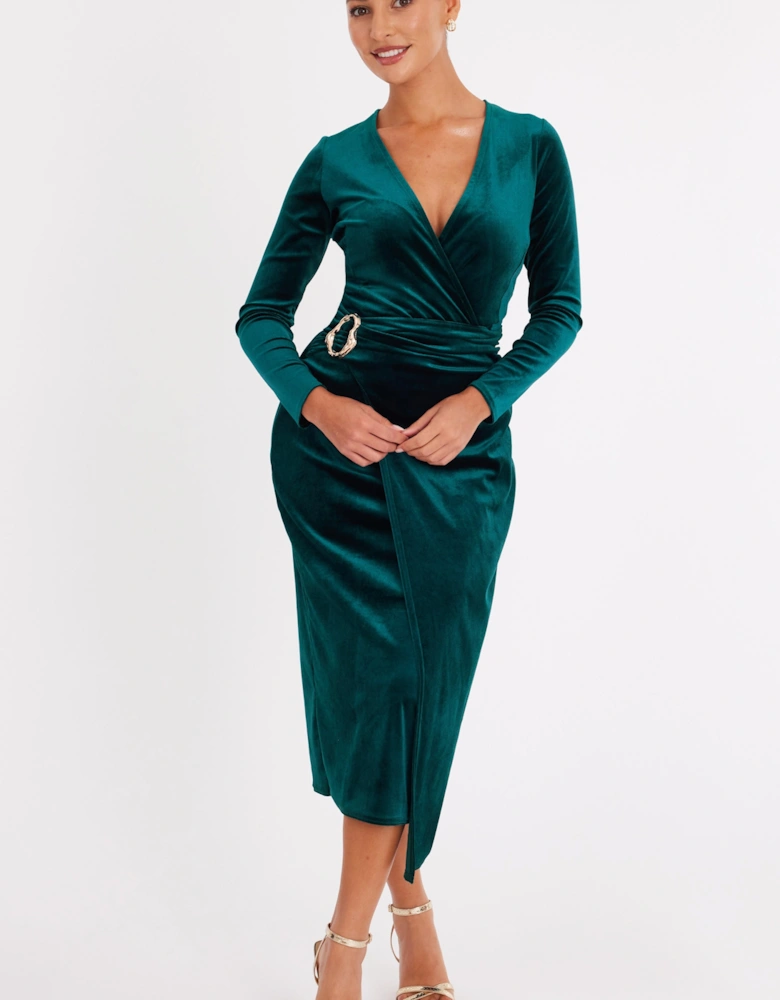 Green Petite Velvet Wrap Midaxi Dress