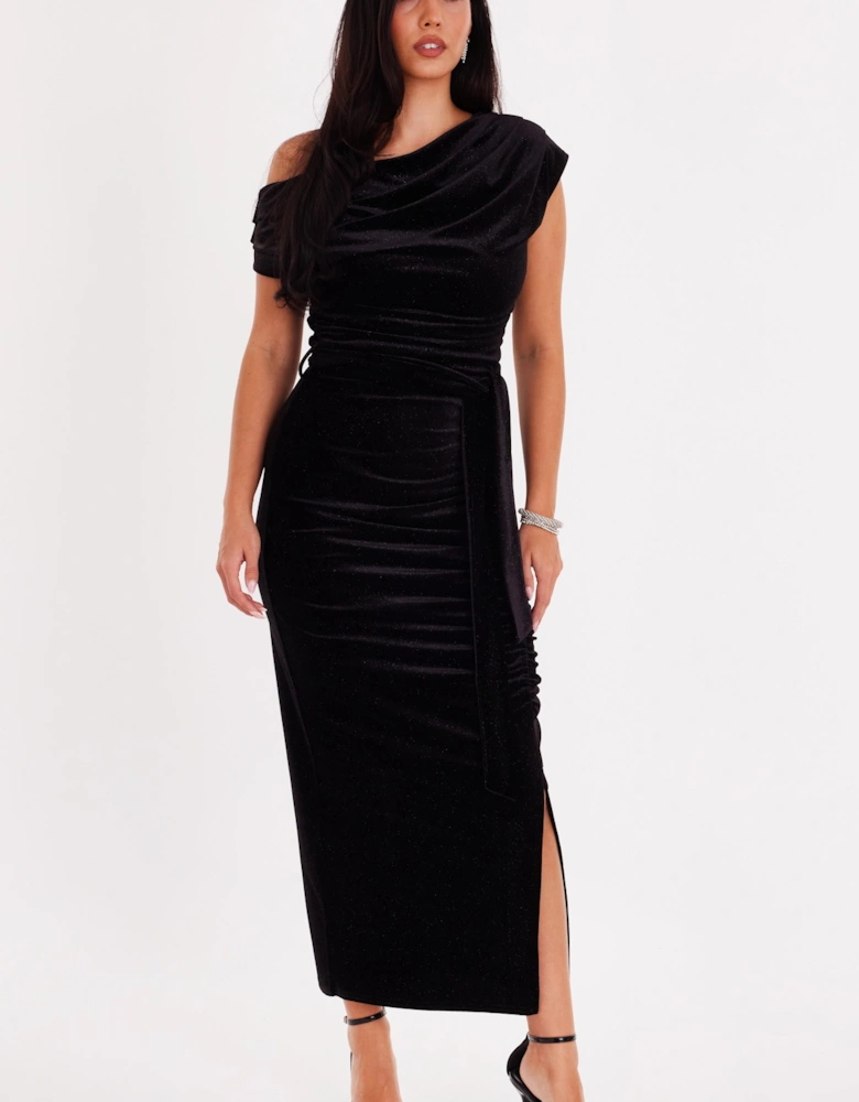 Black Glitter Velvet Tie Waist Midaxi Dress