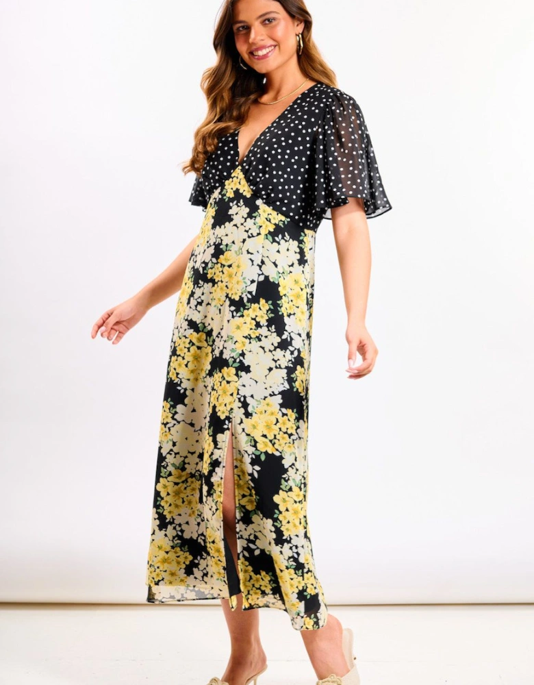 Yellow Floral Flutter Sleeve Midi Dress