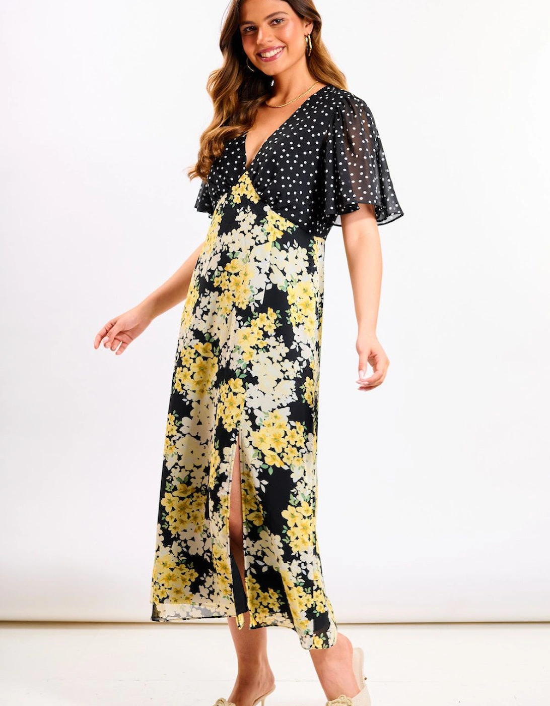 Yellow Floral Flutter Sleeve Midi Dress, 2 of 1